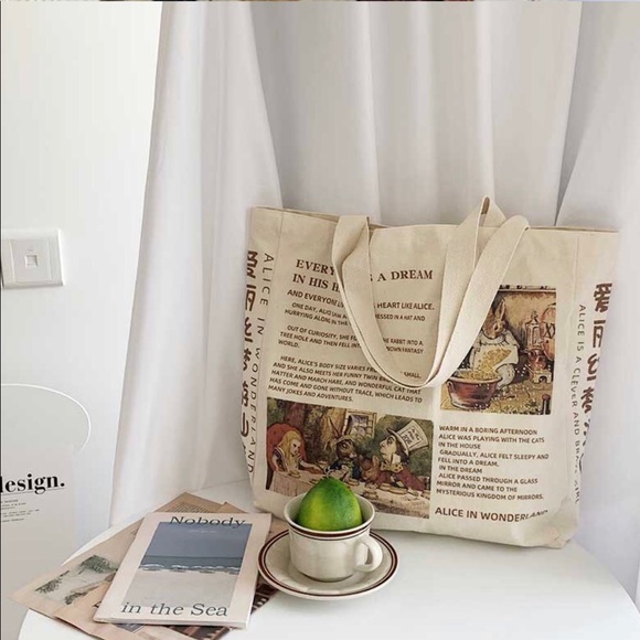 Alice and wonderland canvas tote bag womens cream shoulder bag print - Picture 4 of 5